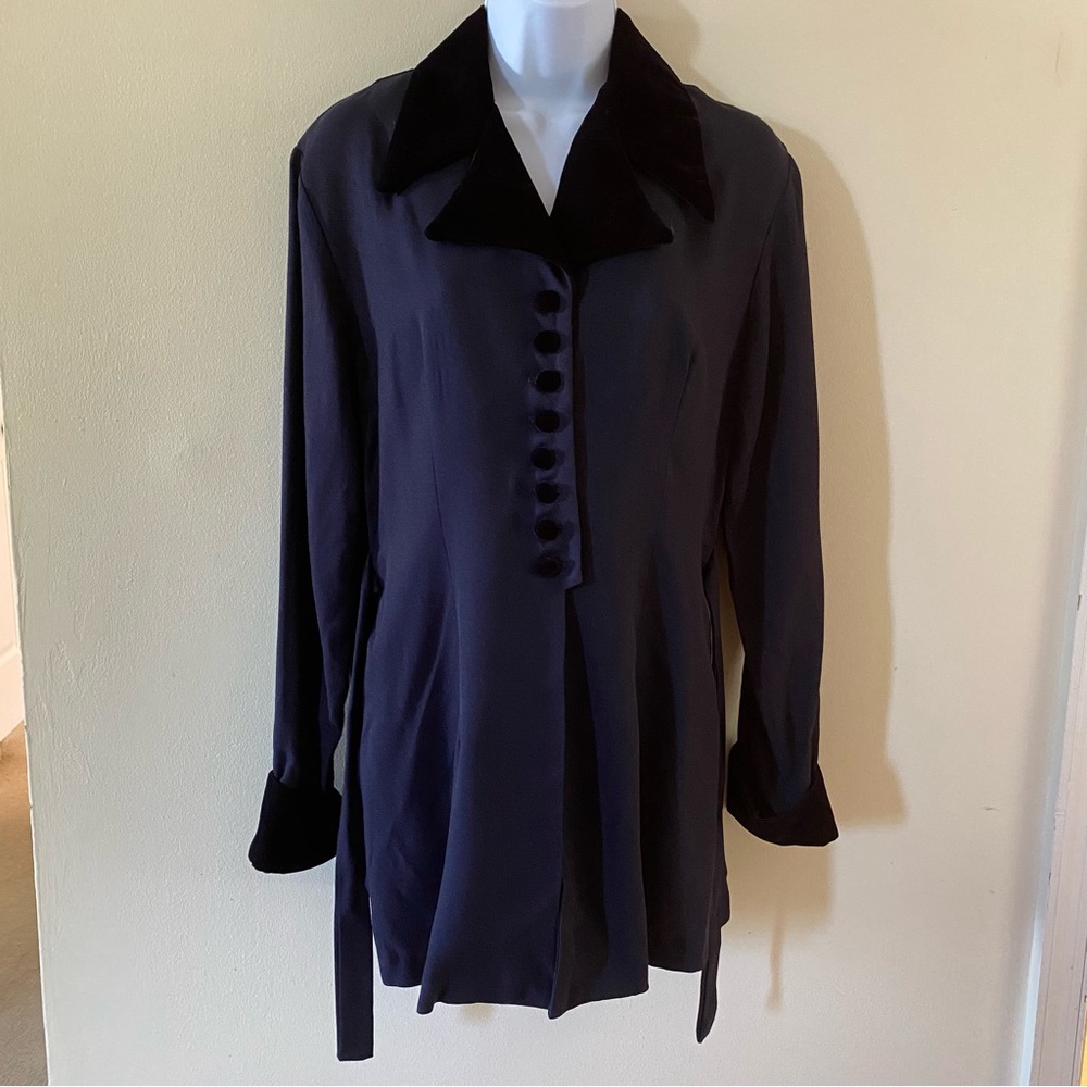 Vintage XTRMZ Navy Blue & Black Button Up Blouse Waist Tie Sz 7/8 Velvet Accents